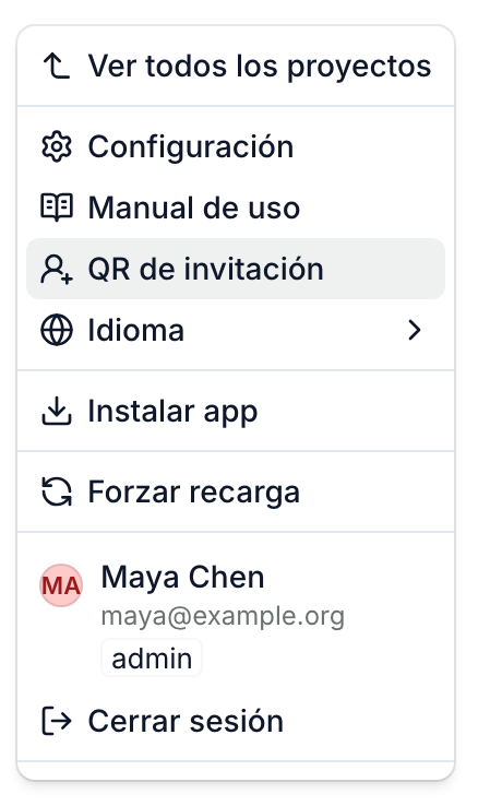 El menú del logo, con QR de invitación resaltado