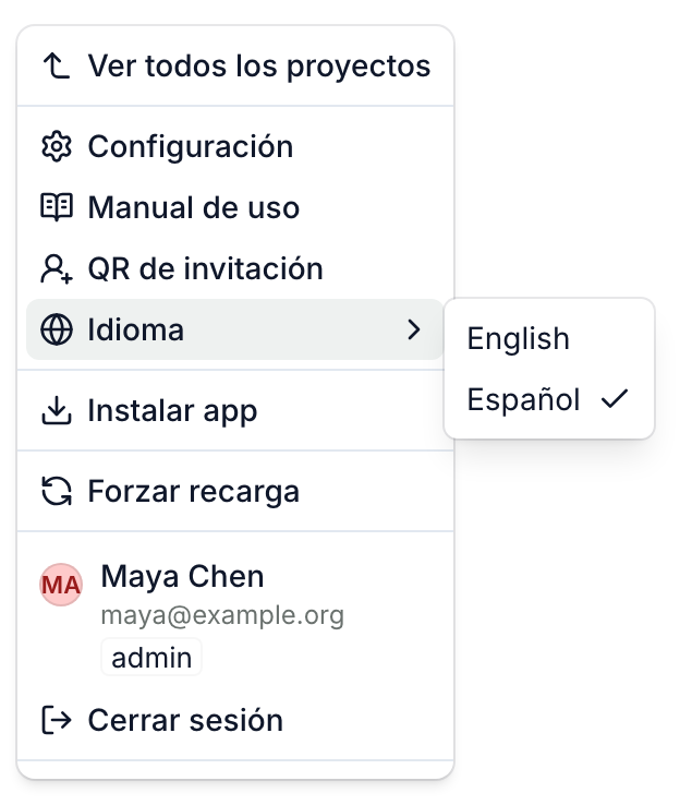 El menú del logo con Idioma abierto, que muestra English y Español