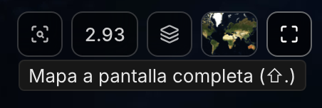 Los botones arriba a la derecha del mapa: la búsqueda de lugares, el nivel de zoom, Capas, la miniatura del mapa base y las flechas de pantalla completa, llamadas Mapa a pantalla completa (⇧.)