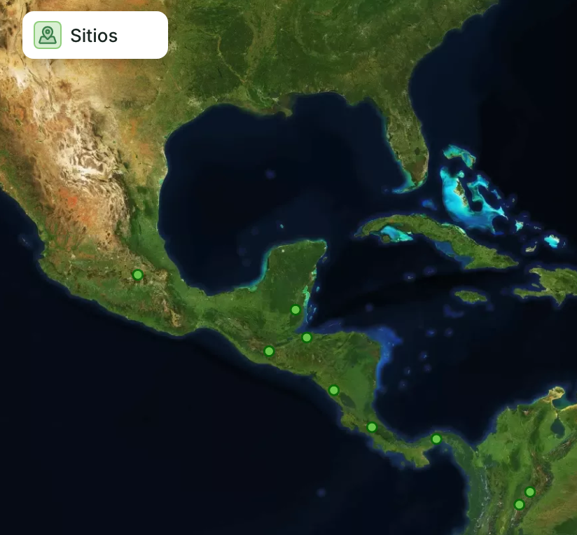 La leyenda arriba a la izquierda del mapa con una capa, Sitios, junto a los puntos verdes de los sitios