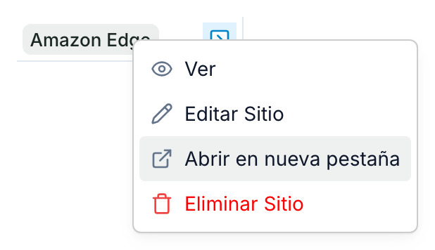 El menú que se abre al hacer clic derecho en un registro de una lista: Ver, Editar Sitio, Abrir en nueva pestaña y Eliminar Sitio