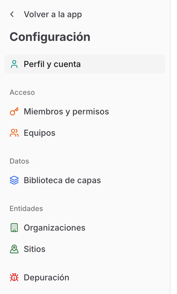 El menú lateral de Configuración, con Equipos en el grupo Acceso