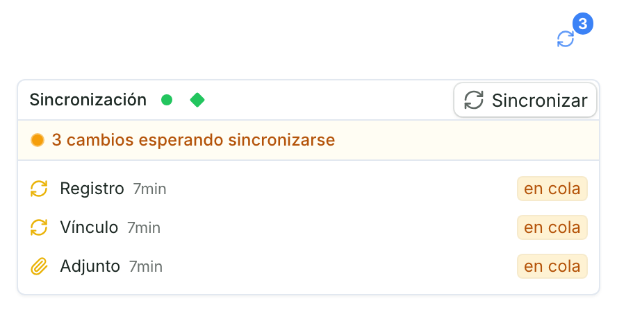 El icono de sincronización con un 3 y, debajo, el panel de Sincronización: 3 cambios esperando sincronizarse, cada uno en cola, y el botón Sincronizar