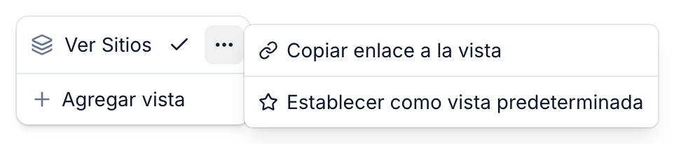 El menú de vistas con el menú ⋯ de la vista Ver Sitios abierto: Copiar enlace a la vista y Establecer como vista predeterminada