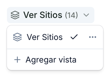 El menú de vistas abierto bajo el título de la lista, con la vista Ver Sitios y Agregar vista