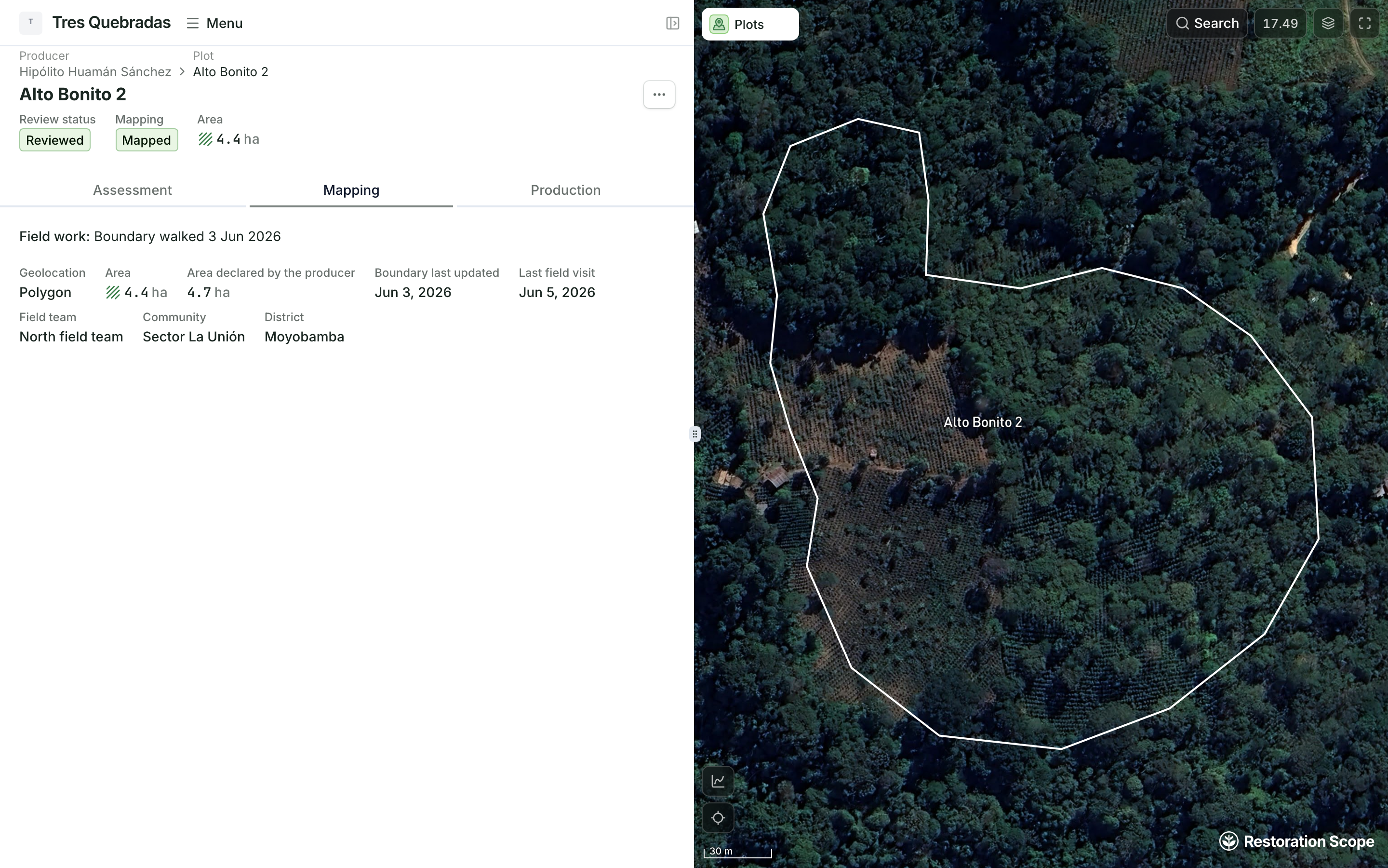 EUDR demo coffee plot Alto Bonito 2 on its Mapping tab: boundary walked 3 Jun 2026, a polygon of 4.4 ha against 4.7 ha declared by the producer, last field visit 5 Jun 2026 by the North field team, beside its boundary on the satellite map