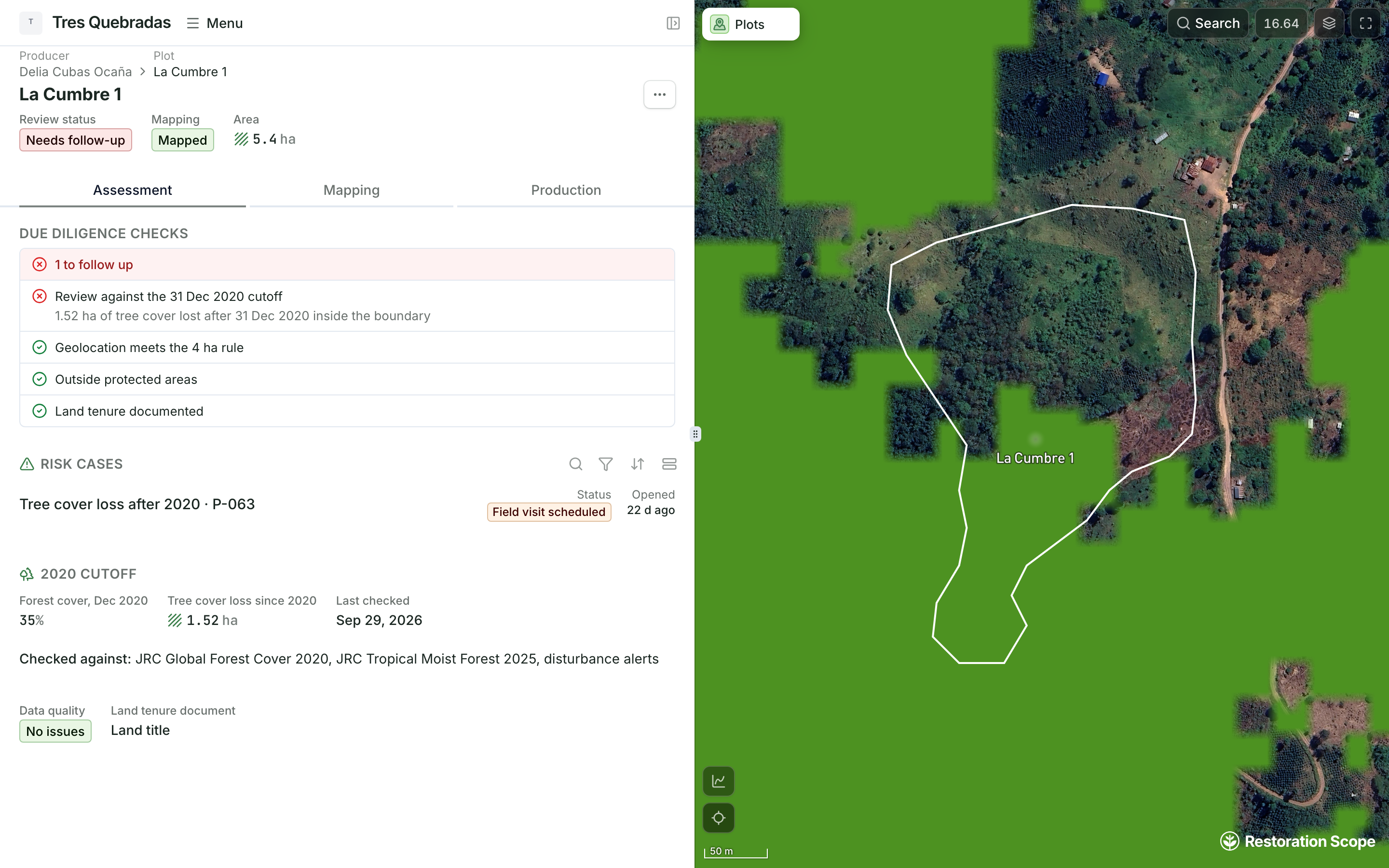EUDR demo coffee plot La Cumbre 1 over the JRC Global Forest Cover 2020 layer, beside its review status (needs follow-up), its due diligence checks with one to follow up, and an open risk case with a field visit scheduled