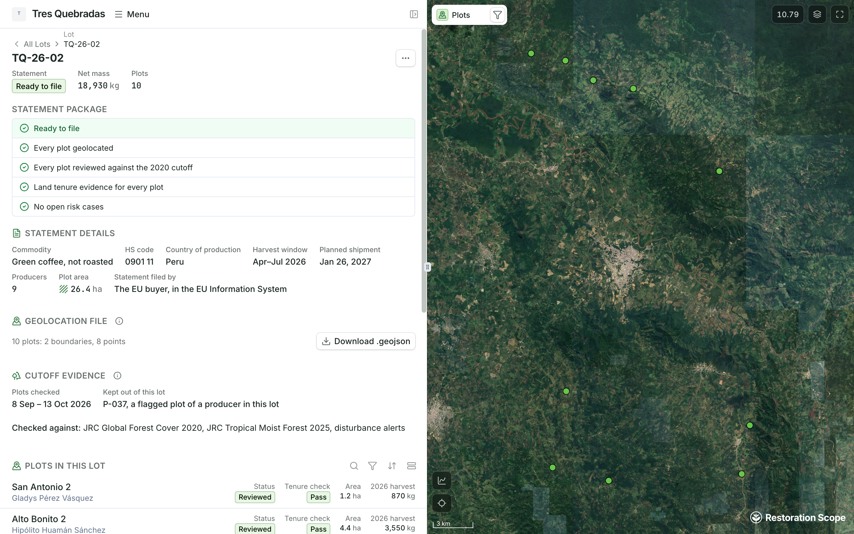 Demo cooperative: lot TQ-26-02, ready to file: 18,930 kg from 10 plots, its statement package, statement details, geolocation file and cutoff evidence, then its plots with their producers, areas and 2026 harvest, beside the 10 plots on the map