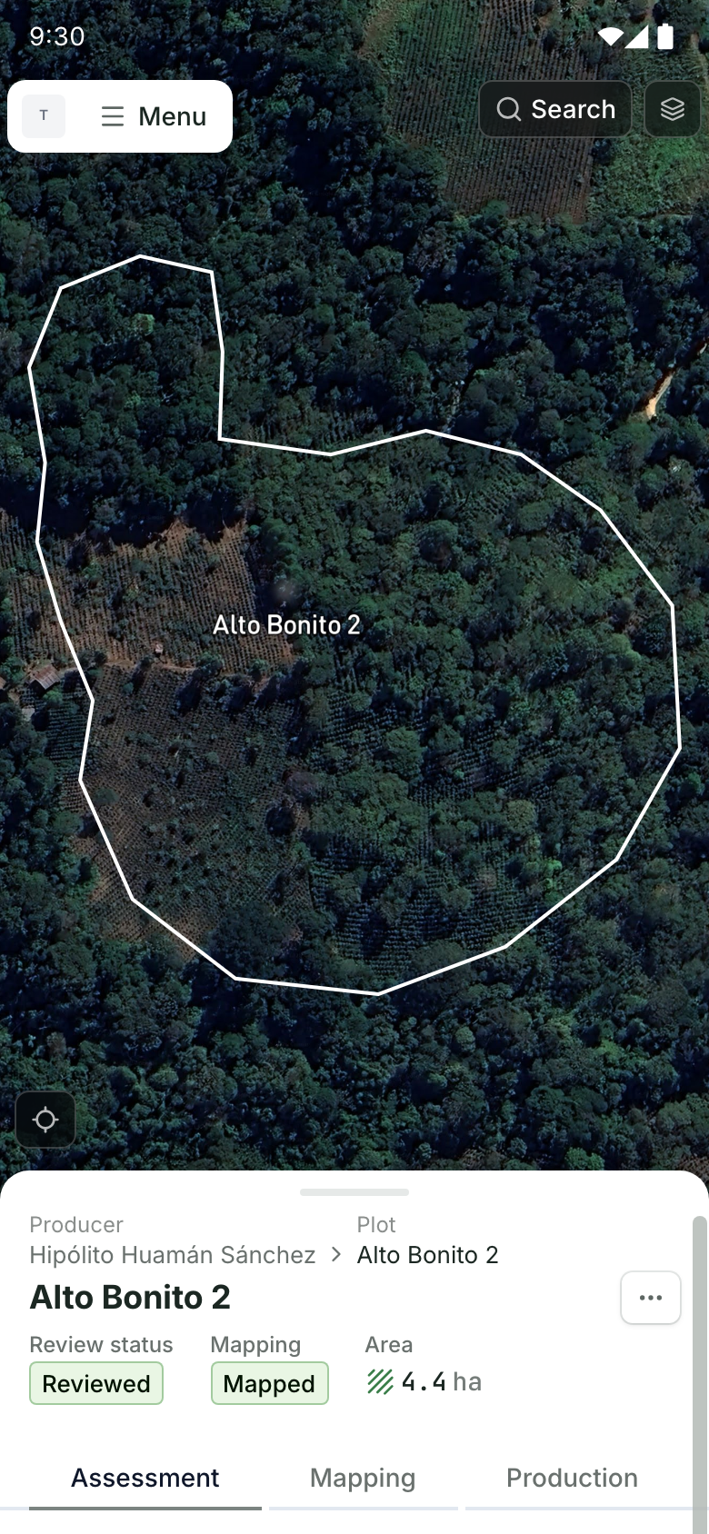 EUDR demo coffee plot Alto Bonito 2 on an Android phone: its boundary on the satellite map above the plot record with its producer, review status, mapping status and area, and the Assessment, Mapping and Production tabs